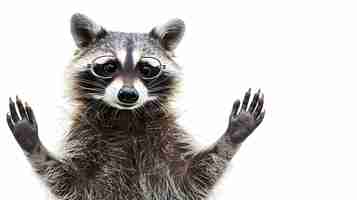 Photo a raccoon wearing hornrimmed glasses holds its paws up in front of a white background