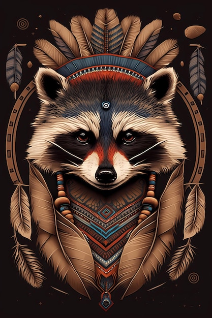 Photo raccoon wearing indian war bonnet totem animal design