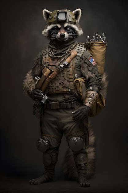 raccoon wearing military helmet