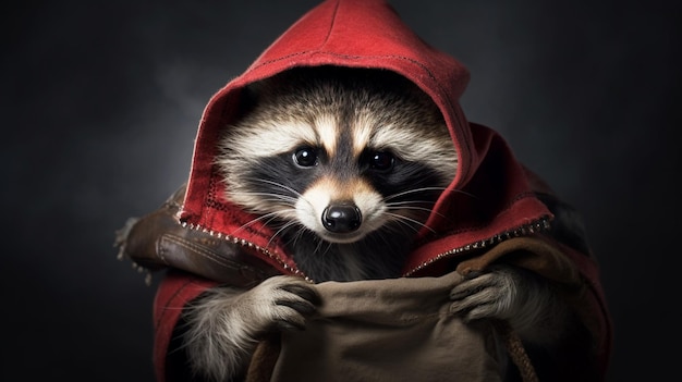 Raccoon wearing a red hoodie with a hood.