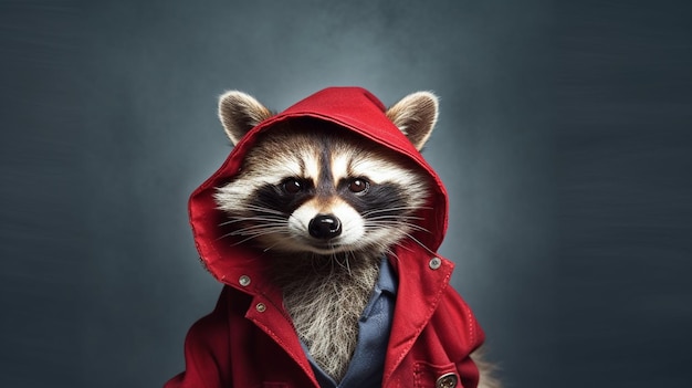 Raccoon wearing a red hoodie with the word raccoon on it