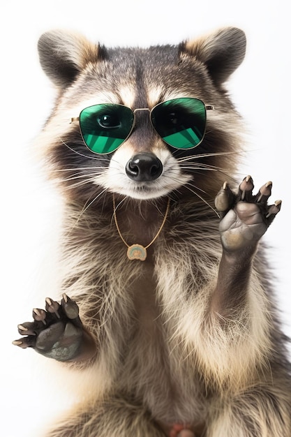 A raccoon wearing sunglasses and a green pair of sunglasses