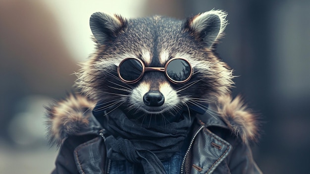 A raccoon wearing sunglasses and a leather jacket is looking at the camera