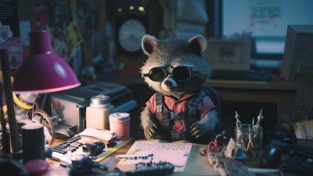 Photo a raccoon wearing sunglasses sitting at a desk generative ai image
