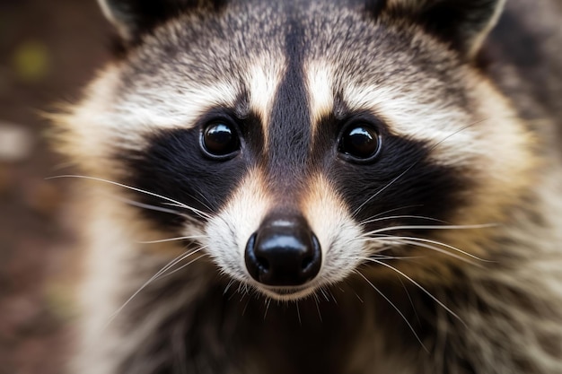 A raccoon with a black nose and black eyes