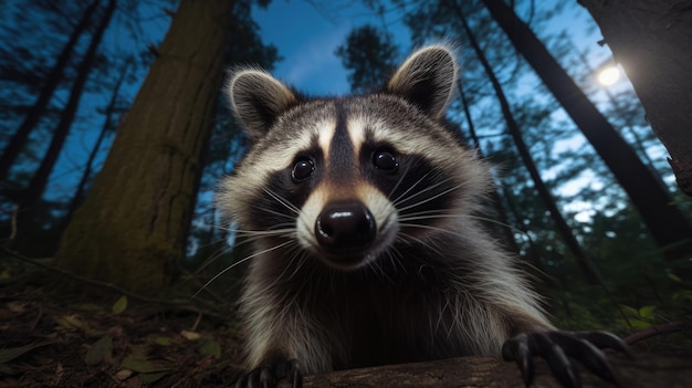 Photo a raccoon with a black nose looks at the camera.