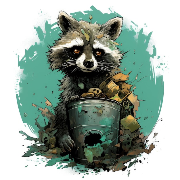 a raccoon with a bucket of gold coins in it's mouth.