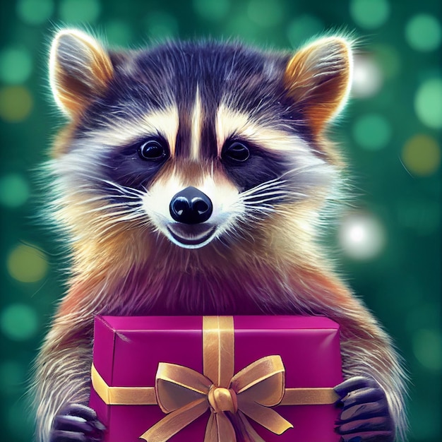 Raccoon with Christmas gift box Merry XMas illustration