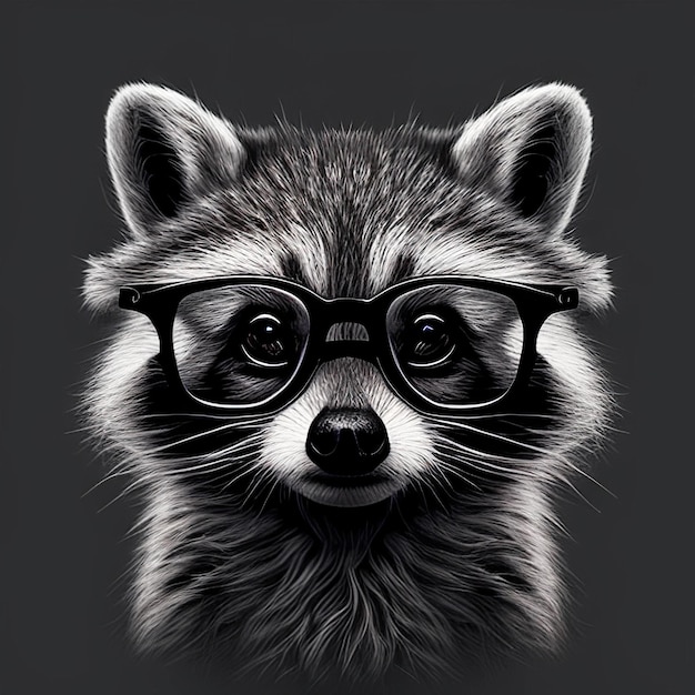 Raccoon with glasses on a gray background The muzzle or face of a smart animal