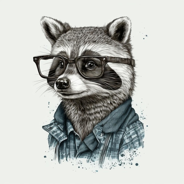 A raccoon with glasses and a shirt that says raccoon.