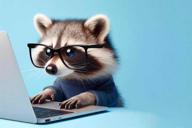 Photo a raccoon with glasses and a surprised look on her face is looking at a laptop on solid color background ai generative