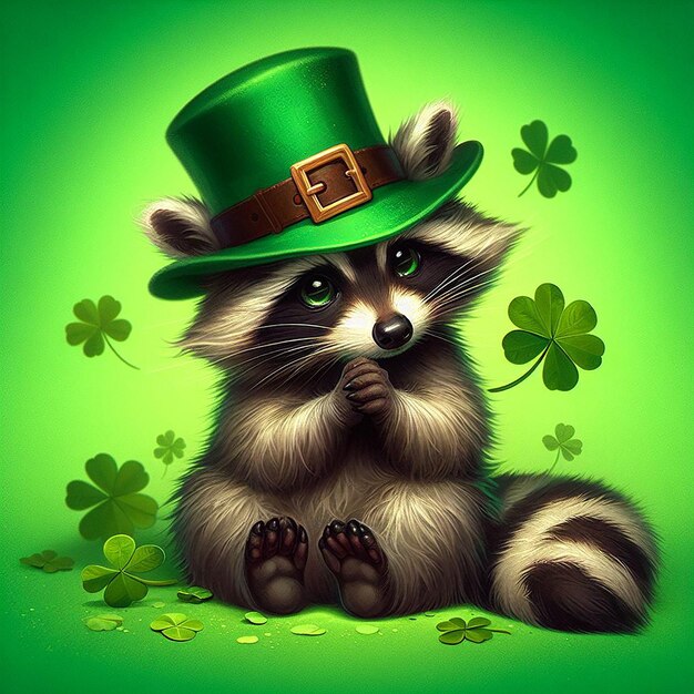 Foto raccoon with green hat and green background st patricks day