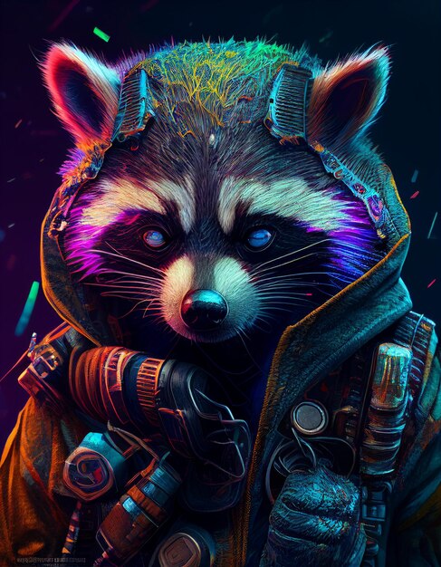 Photo raccoon with a gun and a rainbow on his jacket