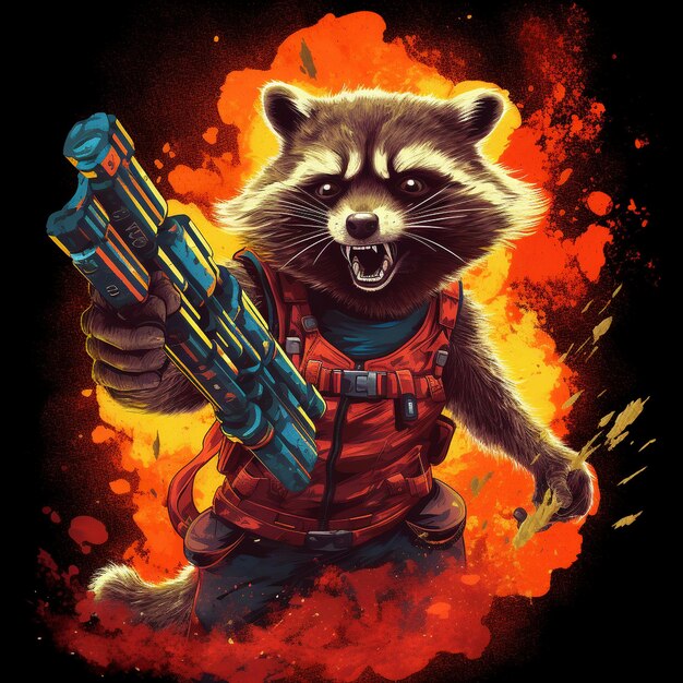 Photo a raccoon with a gun that says raccoon.