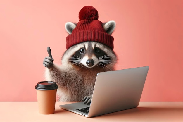 Raccoon with laptop showing thumbs up on color background