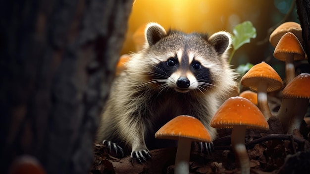 a raccoon with a mushroom in the background.