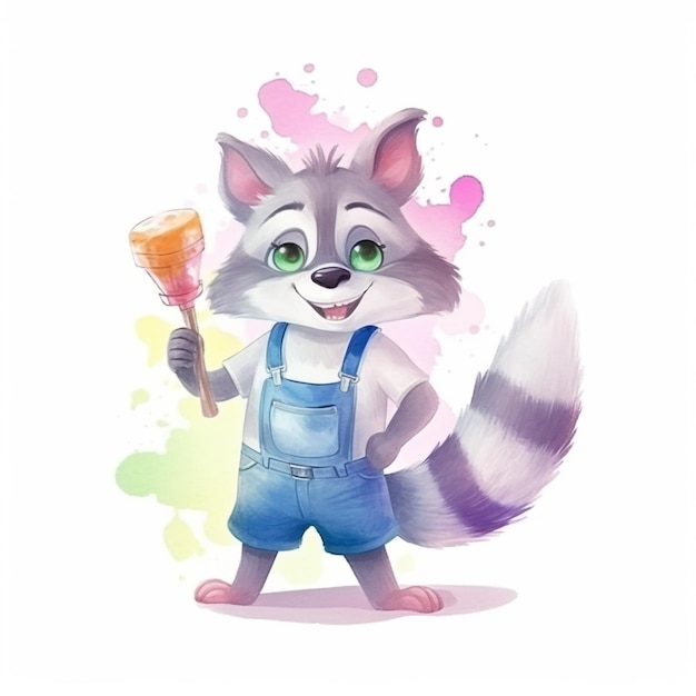 A raccoon with a paintbrush in his hand.