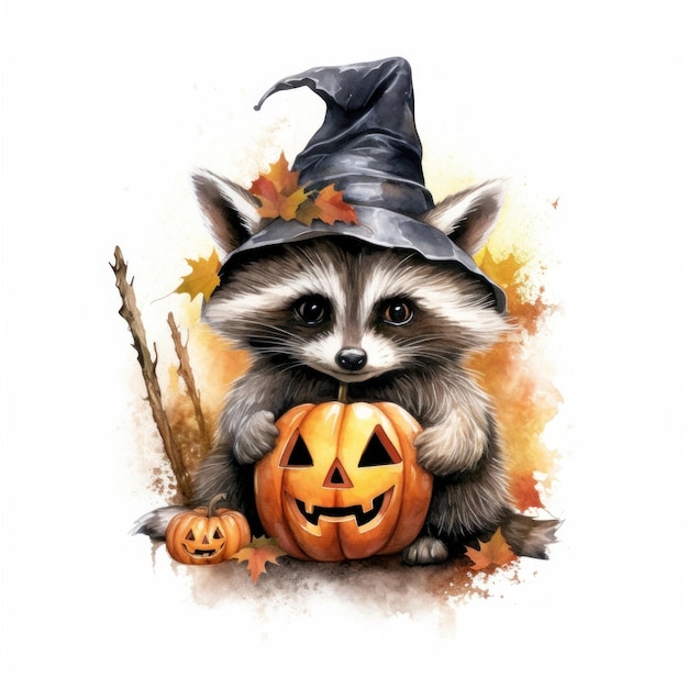 a raccoon with a pumpkin on his head