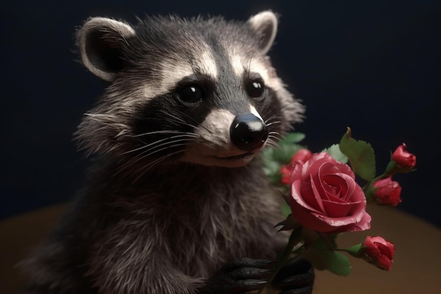 A raccoon with a red rose on its nose