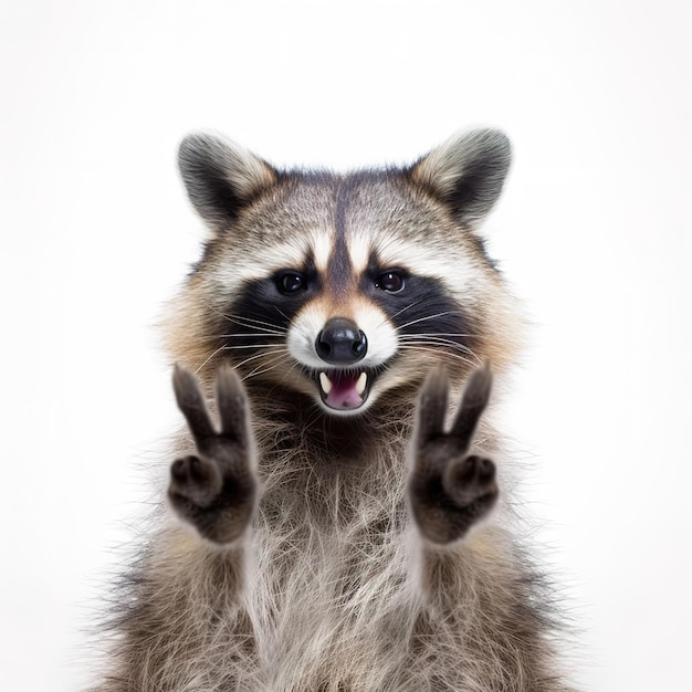 A raccoon with two fingers up and the word raccoon on the front.