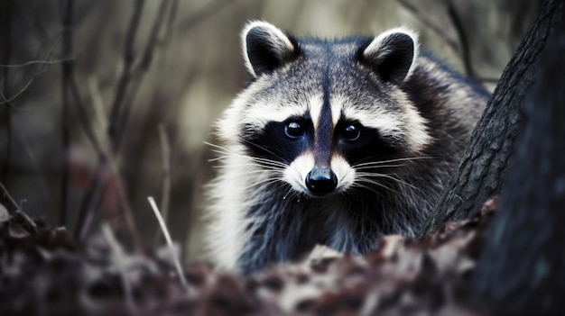 Photo a raccoon in the woods with a blurry background.