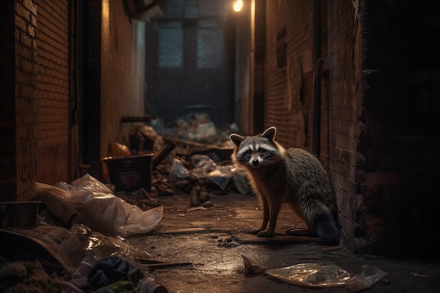 Raccoons in the alley at night look for food in garbage cans