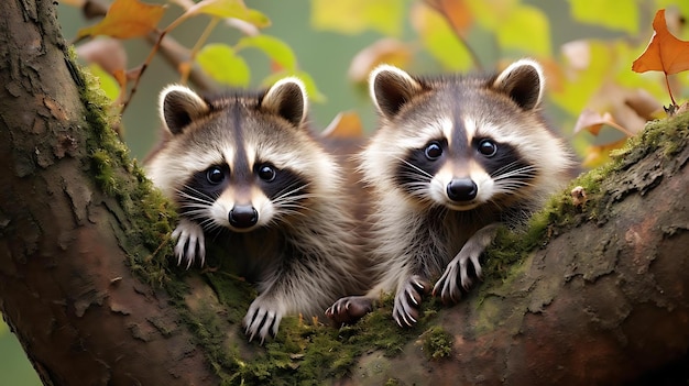 Photo raccoons in a tree with green moss