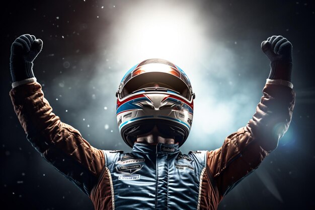 Photo race car driver express their joy at winning the race by raising their fists in the air on the bokeh background