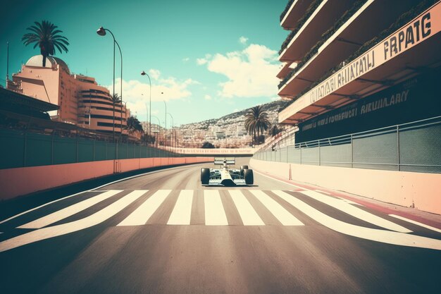 A race car is driving down a road in front of a sign that says formula 1.