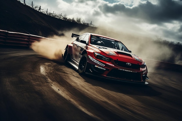 Race car make a turn with the clouds and splashes of sand gravel and dust during rally championship