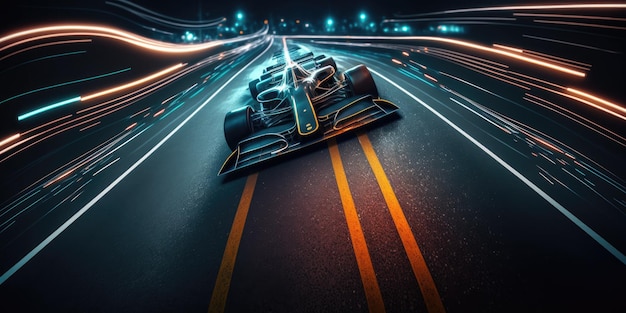 A race car on a road with lights on