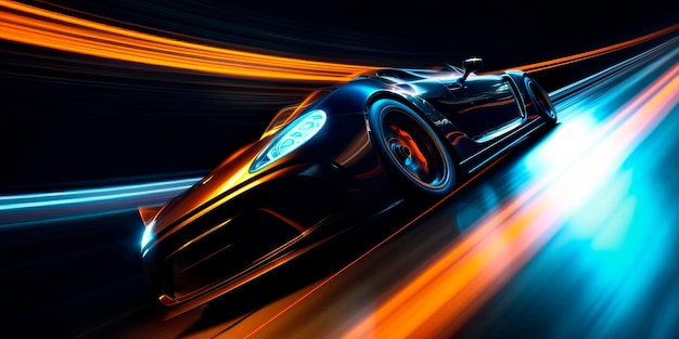 Race car speeding around a track with long exposure trails of light and dynamic movement Generative AI