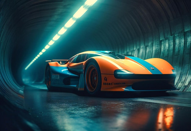 Гоночная машина на трассе за стеной в стиле гиперреалистичной научной фантастики темно-оранжевого и светло-голубого цвета