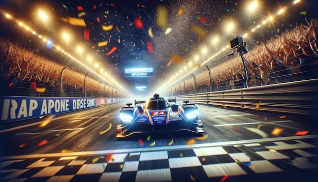 Photo race car victorious on finish line with cheering crowd