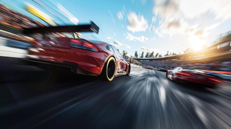 Photo race cars compete on a speedway during a vibrant sunset