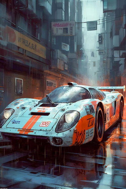 Race classic sport car on Tokyo street airbrush and watercolor style illustration AI Generated