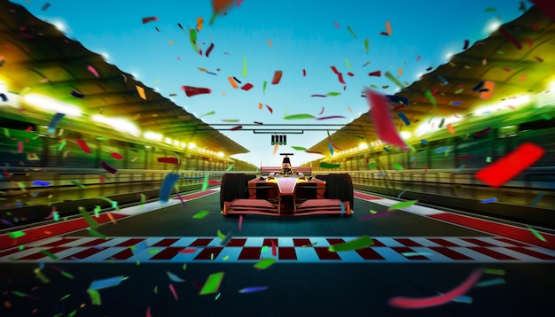 Race driver pass the finishing point at international race track with speedy motion blur effect .celebration with confetti . Night scene . 3D rendering