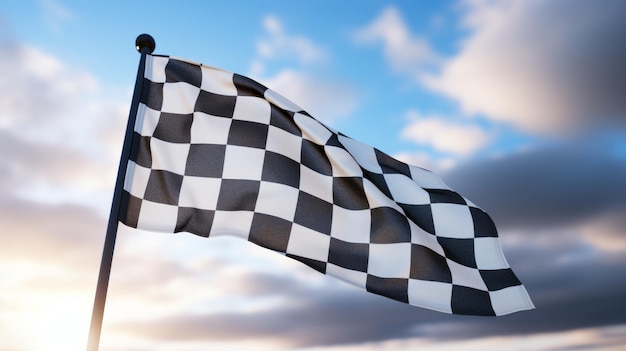 Photo race flag waving in the wind over asphalt road with cloudy sky background