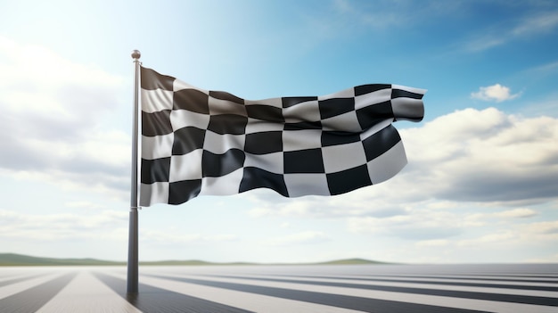 Race flag waving in the wind over asphalt road with cloudy sky background