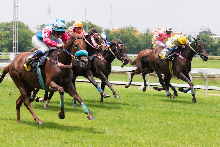 Photo race horse and jockey jumping over a hurdle 