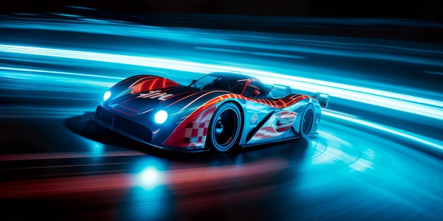 Raceauto die over een circuit raast met lange belichtingssporen van licht en dynamische beweging Generatieve AI
