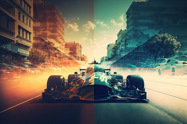 Raceauto's in enkele gebeurtenis en panorama stadsstraten achtergrond dubbele belichting