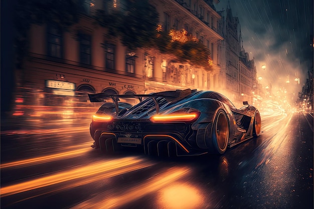 Racen door de stad tegen de tijd hypercar met verlichting