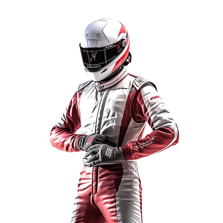 Photo racer in helmet and red racing suit generative ai