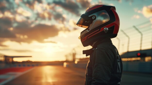 A racer in a helmet stands ready for a twilight track challenge facing the sunset