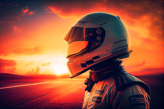 Racer in a helmet at sunset Generative AI Generative AI