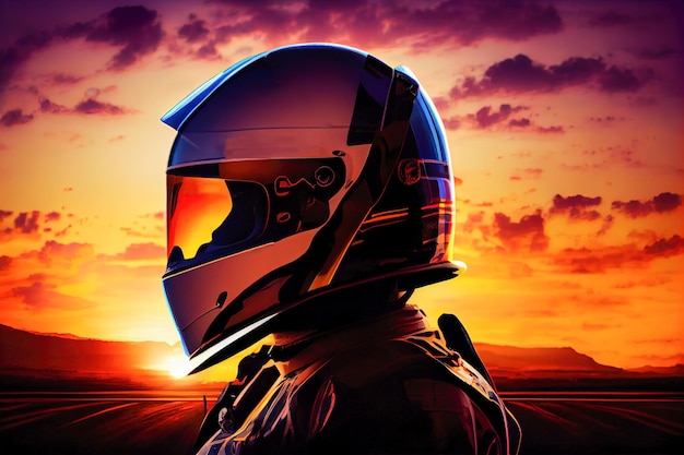 Racer in een helm bij zonsondergang Generatieve AI Generatieve AI