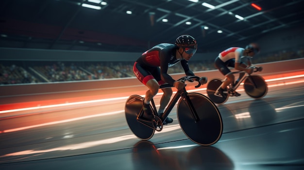 Racer op een wielerbaan Fietswedstrijd op de wielerbaan Extreme snelheid