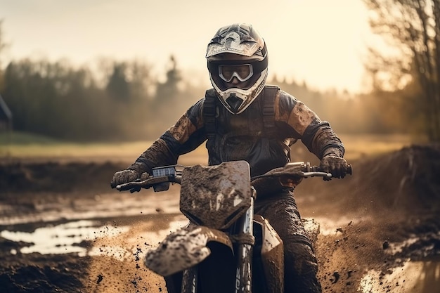 Racer on sports enduro motorbike in offroad competitions Generative AI