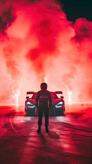 Racer stands in the road against a racing car